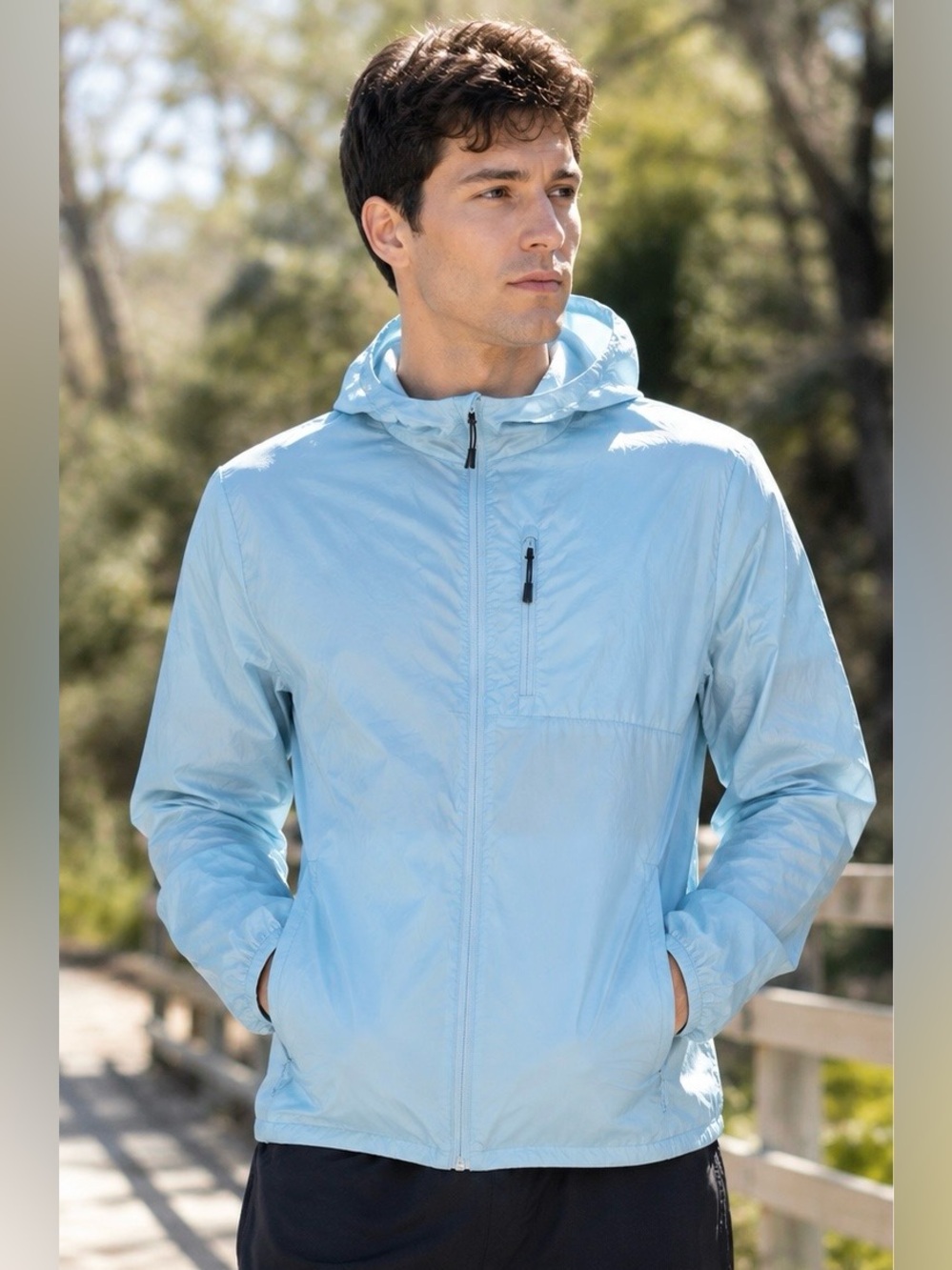 Xersion Men’sHooded Windbreaker Jacket Blue Vented Back Reflective Lightweight